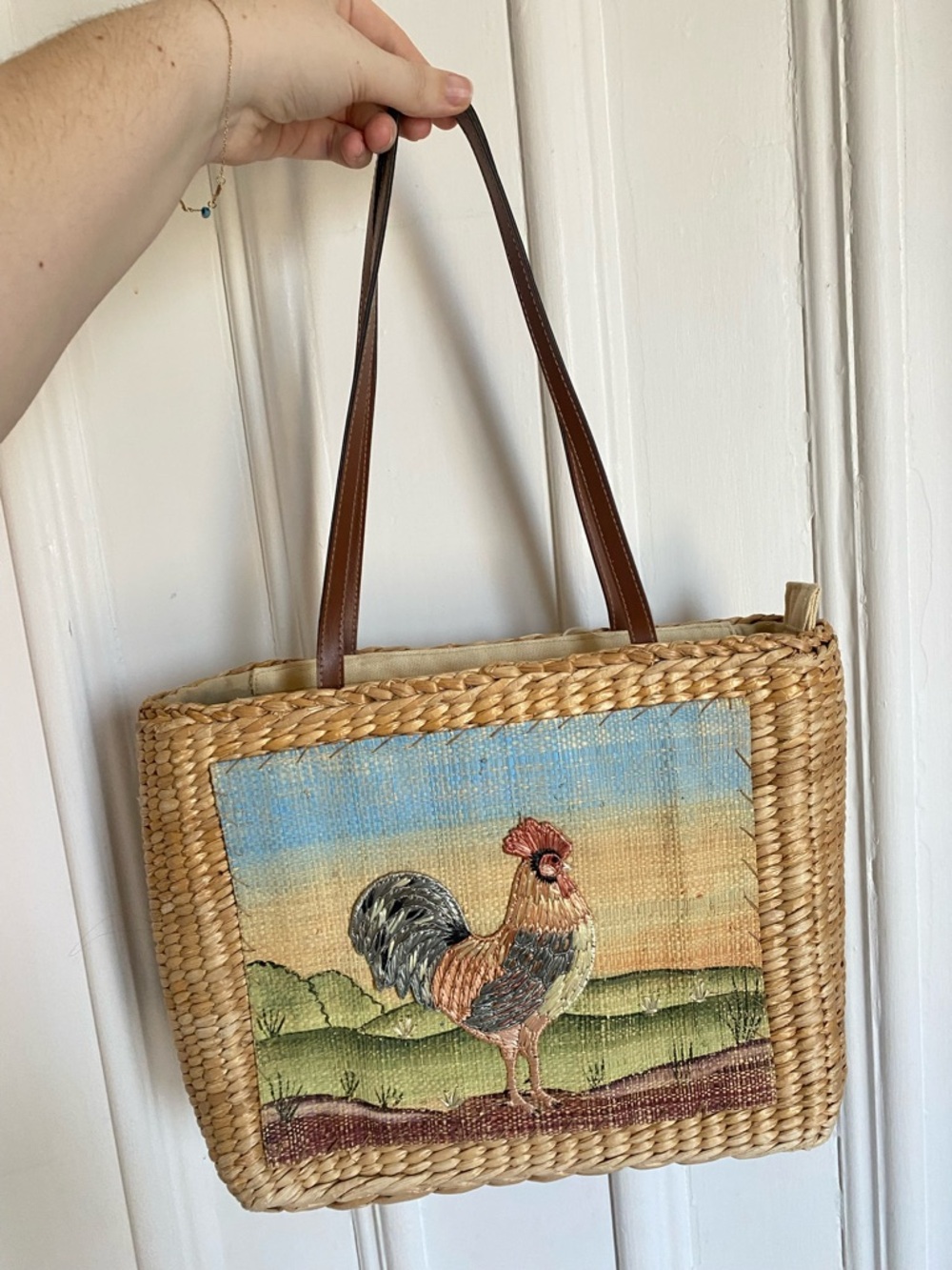 Vintage Woven Straw Tote with Rooster Panel - Brown, Tan, Blue, Green - Picture 10 of 10